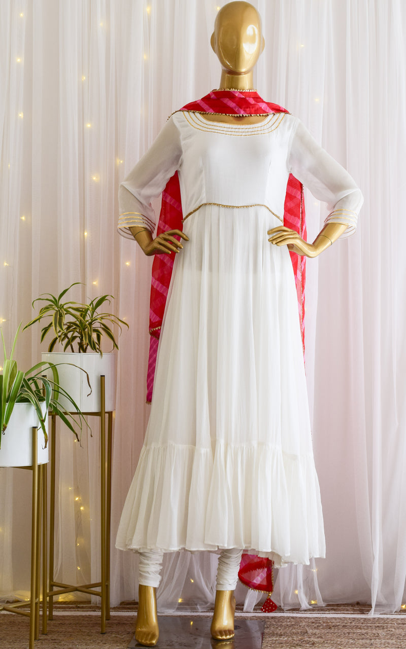 White Anarkali with Red-Pink Kota Silk ...